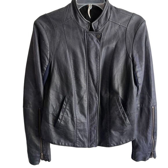 Free People Jackets & Blazers - Free People Blue Vegan Suede Motorcycle Jacket Mock Neck Zip Long Sleeve 8
